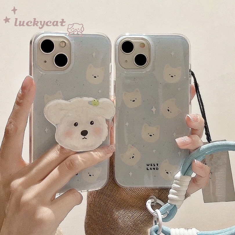 Iphone 16 15 14 13 12 11 Pro Max X Xr Xs Max 7 8 Plus SE2020 เคสโทรศัพท์น่ารักกบ White Puppy รูปแบบ + Stand + Lanyard Clear Soft ฝาหลัง