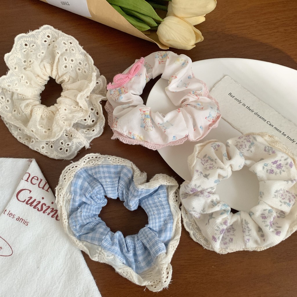 High-end Sense Scrunchy Hair Tie หญิงลูกไม้ Trim Retro ถักแถบคาดศีรษะ