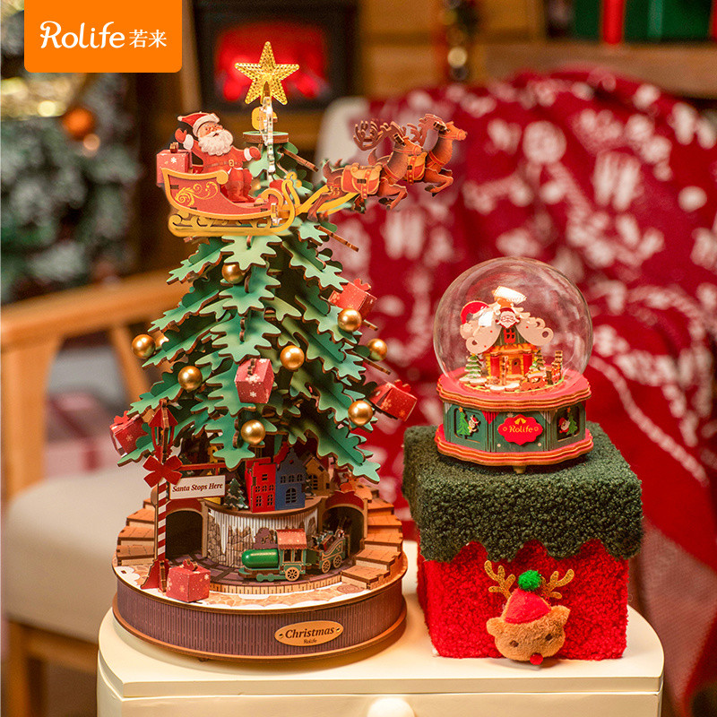 Rolife ถ้ามาเที่ยวคริสต์มาสกล่องดนตรีกล่องดนตรีทำด้วยมือ DIY ประกอบบล็อกตัวต่อของขวัญสำหรับเด็กหญิง