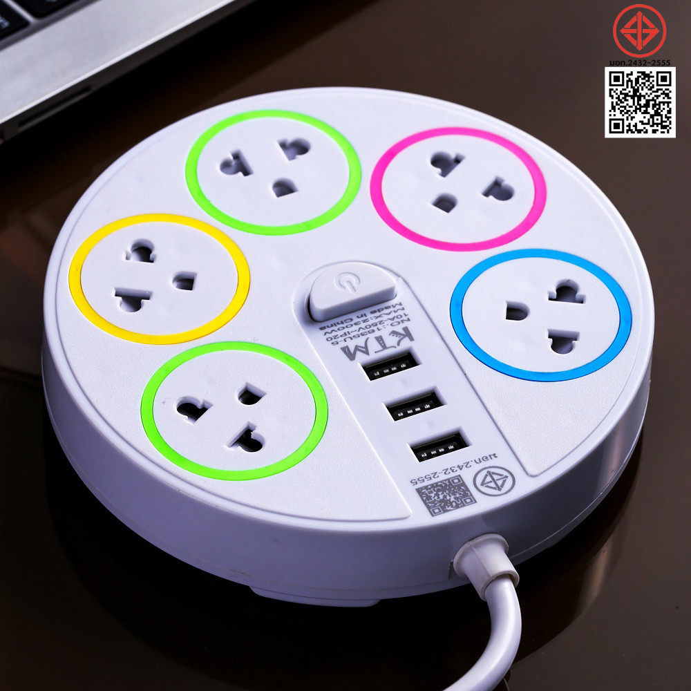 ปลั๊กไฟ ปลั๊กพ่วง 5 ช่อง 3 USB 5 เมตร วัสดุแข็งแรง สินค้าขายดี สายไฟหนาแข็งแรง มีปุ่มเปิด/ปิด