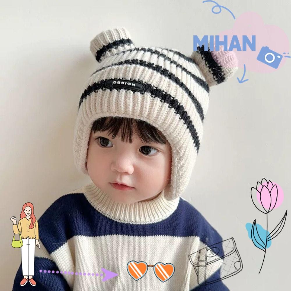 Mh หมวกถักนิตติ้งเด็กฤดูหนาว, หมวกป้องกันหูทารกหนาถัก, หมวกป้องกันหูลายอบอุ่นเด็ก