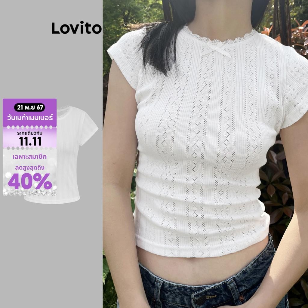 Lovito เสื้อยืดคอระบายโบว์ธรรมดาสำหรับผู้หญิง L99ED1071