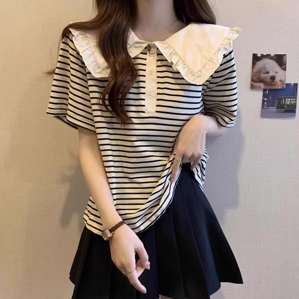 เสื้อยืดแขนสั้นคอปีกลายทาง แนวสตรีทใส่สบาย - รูปที่ 3