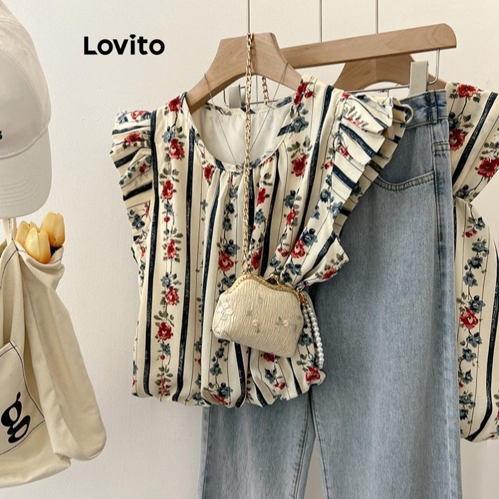 Lovito เสื้อเบลาส์ผู้หญิง ลายดอกไม้ แต่งระบาย สไตล์ลำลอง LNM67100