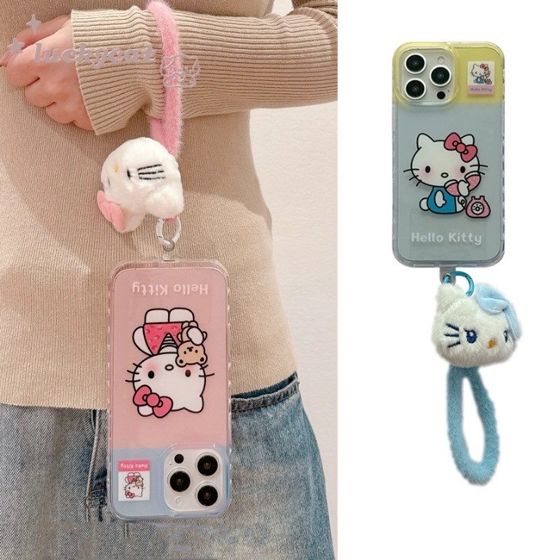 Iphone 16 15 14 13 12 11 Pro Max X Xr Xs Max 7 8 Plus SE2020 เคสโทรศัพท์สดน่ารักสีลูกกวาด KT Cat Clear Soft + Lanyard ฝาหลัง