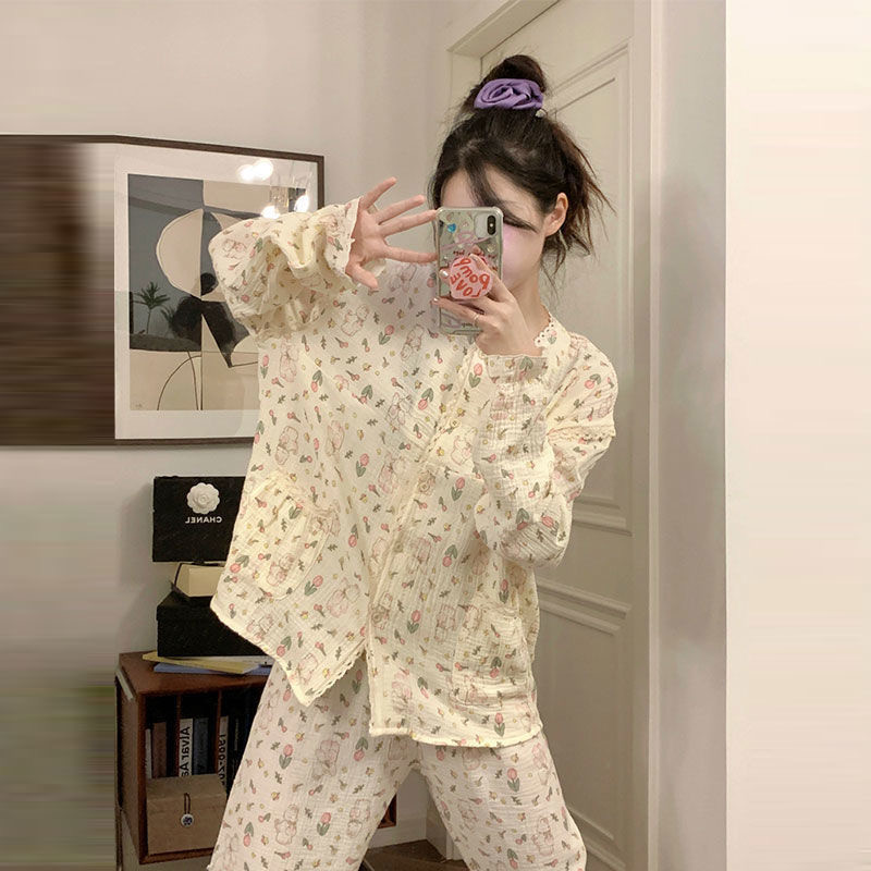 Oio ชุดใส่ในบ้านแขนยาวผ้าลูกไม้สไตล์ญี่ปุ่นน่ารักลายกระต่าย