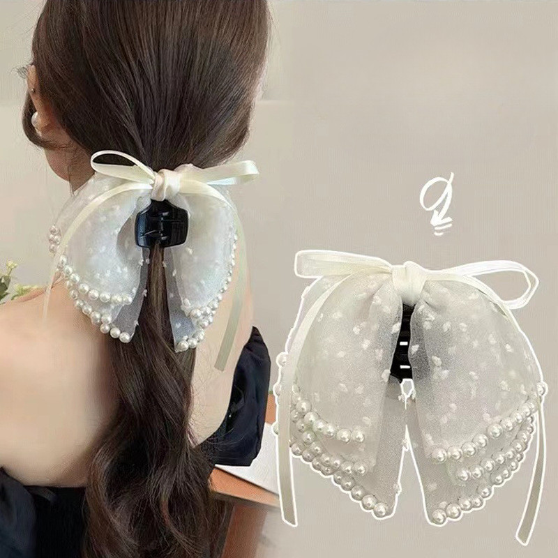 คลิปหางม้าครึ่งโบว์มุกหลายชั้นฝรั่งเศส