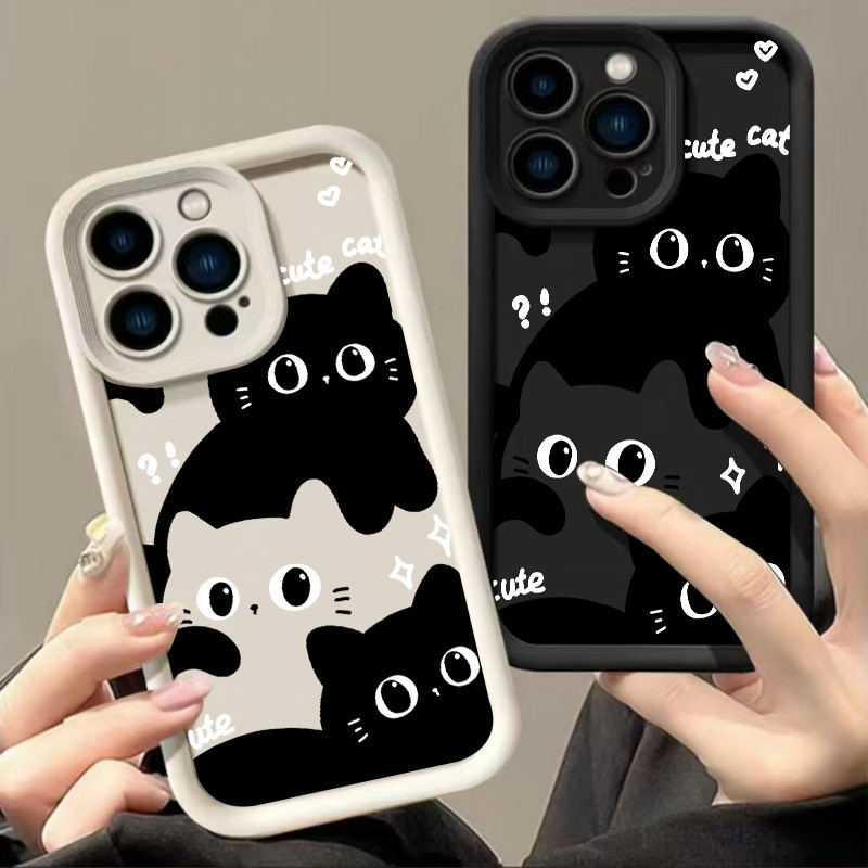 ส่งจากไทย เคส for iphone 7P 8P 11 12 15 13 14 Pro Max กล้องป้องกันมิตรกับสิ่งแวดล้อมกันกระแทกดอก แมวน่ารักแมวสีดำสีขาว