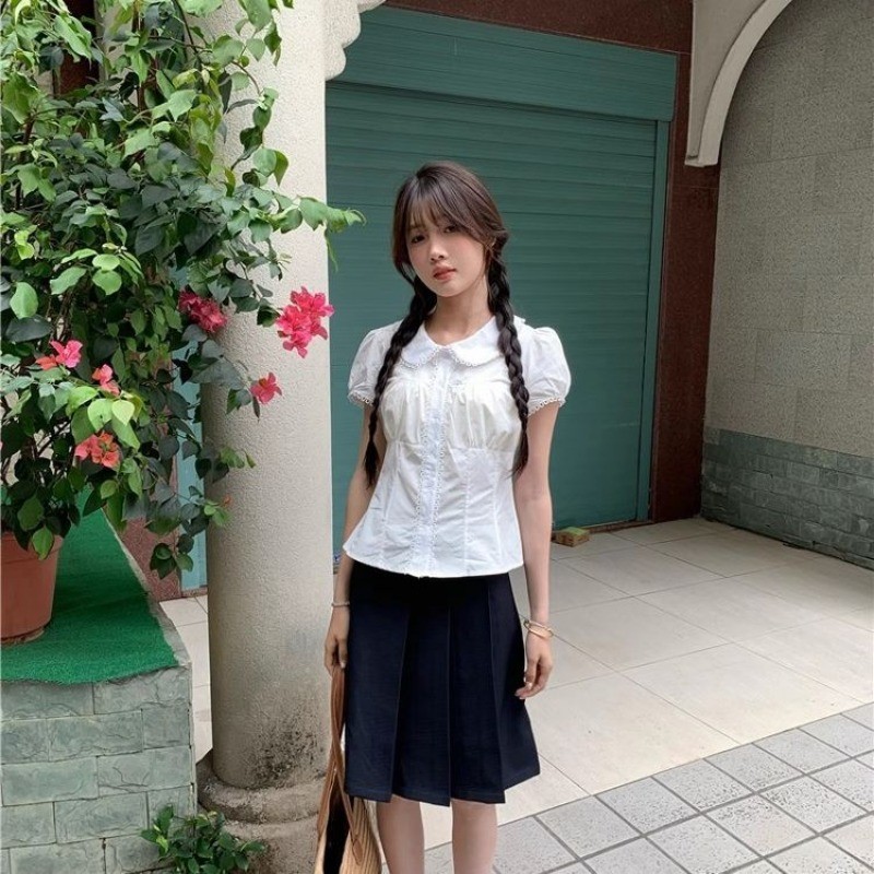 LINNA~สีทึบ ลูกไม้ แขนสั้น เสื้อเชิ้ต เวอร์ชั่นเกาหลี สไตล์ใหม่ แฟชั่น - รูปที่ 3