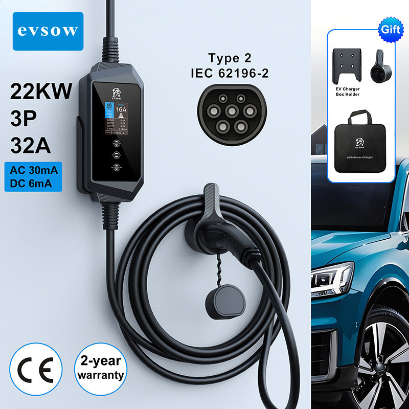 Evsow Type2 แบบพกพา EV Charger 22KW 32A ไฟฟ้ารถ 3Phase EV สายชาร์จ 5M Type2 EV Charger Station Wallb