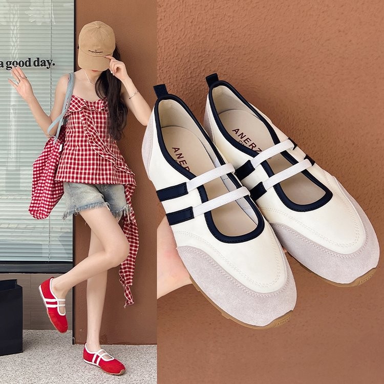 รองเท้าผ้าใบผู้หญิง แบบต่ำ ปลายกลม สายยางแบน