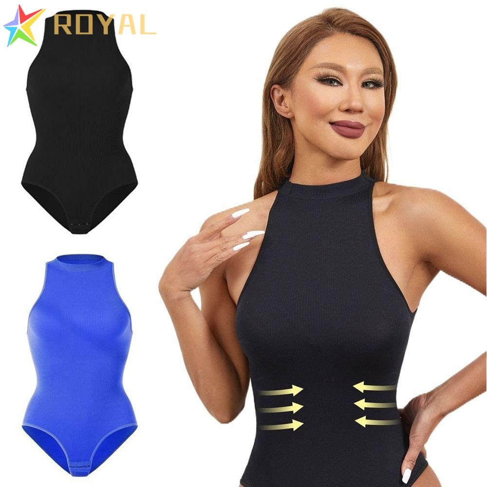 ROYAL บอดี้สูทผู้หญิง, Ribbed Sleeve Compression Shapewear, สบาย Halter Neck Tummy Control Snached เอว Full Body Shaper การออกกําลังกาย