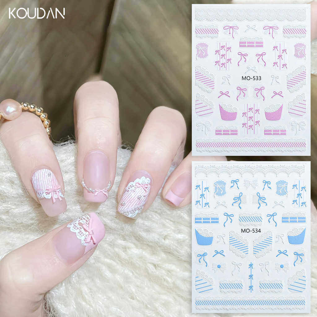 สติ๊กเกอร์ติดเล็บตกแต่งเล็บโบว์ลูกไม้ยีนส์ลายสีชมพูสีฟ้าสีเหลือง KOUDAN