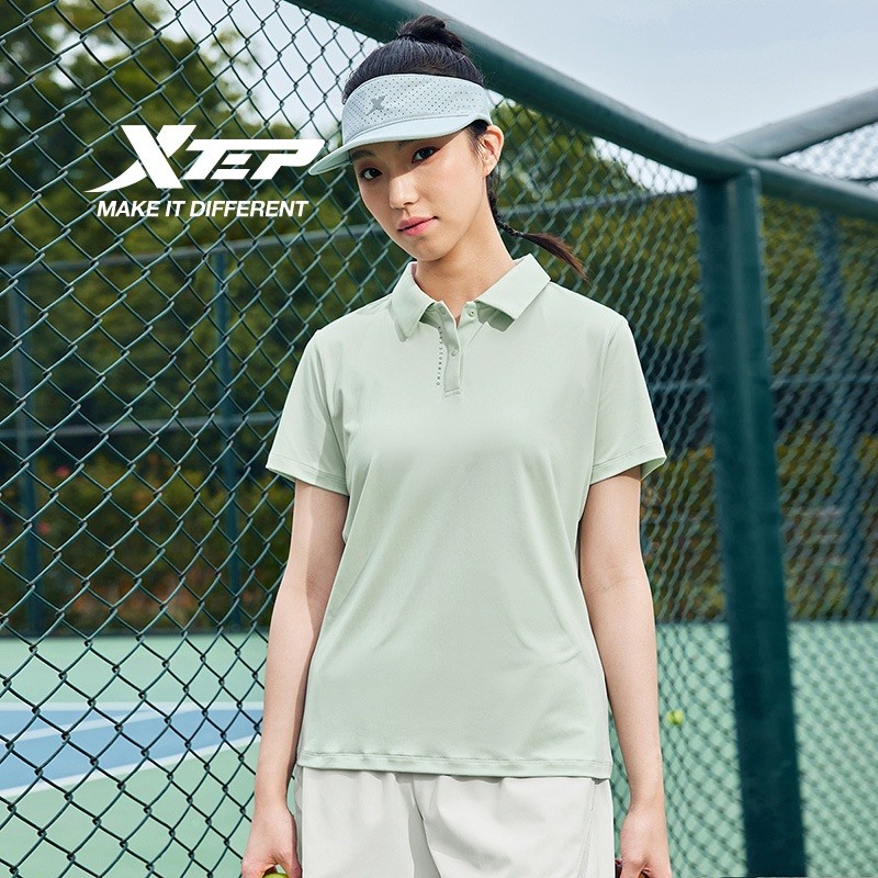 XTEP Women's Ice Silk POLO Shirt ฤดูร้อนใหม่ การฝึกอบรม แขนสั้น Lapel เสื้อยืดกีฬา
