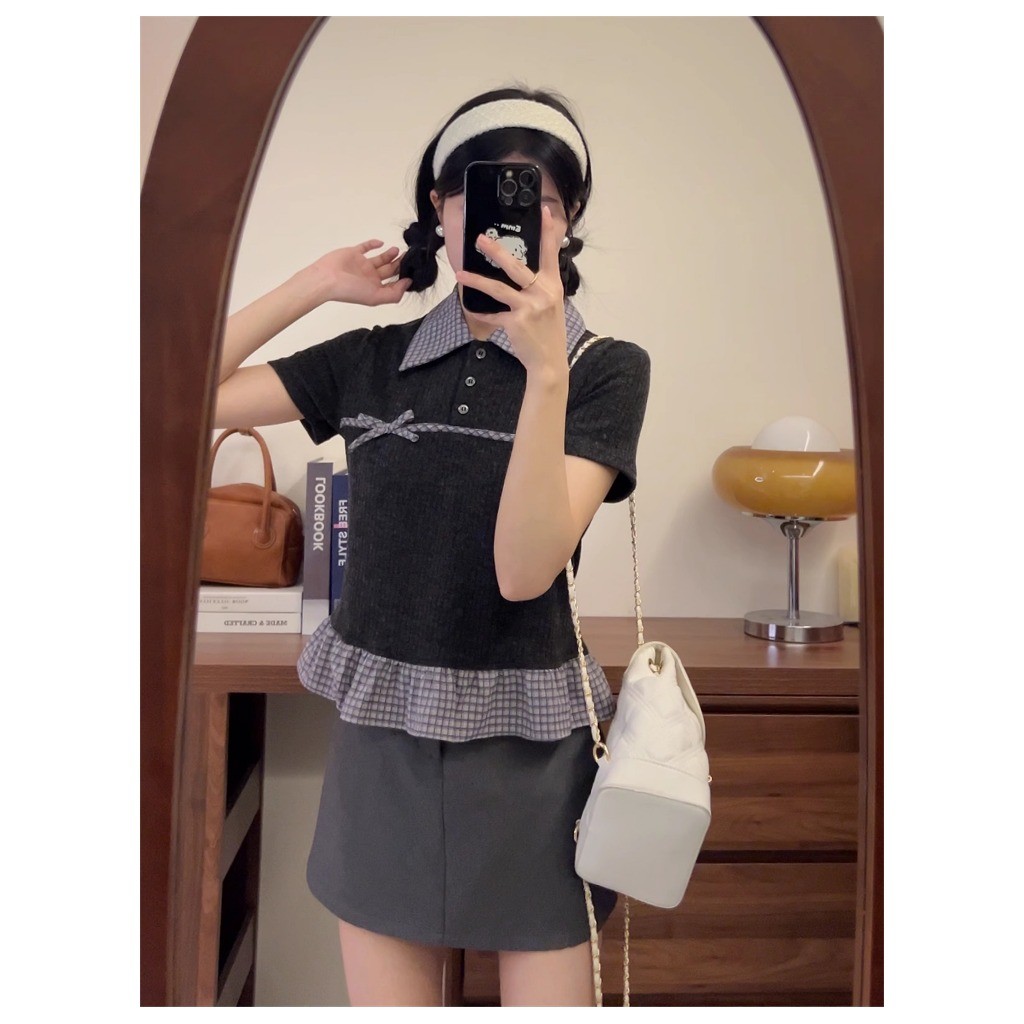 เวอร์ชั่นเกาหลี มารยาท สองชิ้นตาข่ายเย็บโปโลคอถักแขนสั้นเสื้อยืด - รูปที่ 4