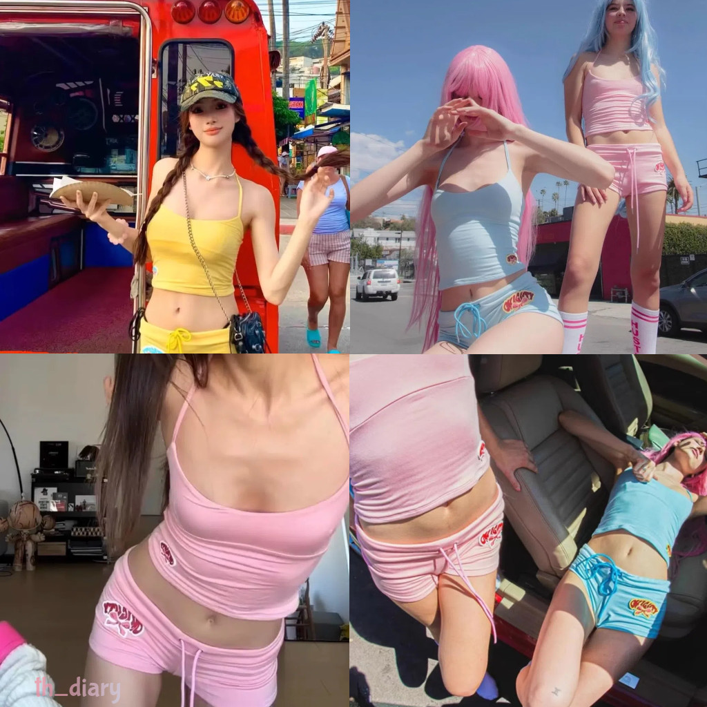 (พร้อมที่จะจัดส่งในกรุงเทพ)ชุดเซ็ตสาวแซ่บ สไตล์อเมริกันสายฝอ เสื้อสายเดี่ยวคล้องคอ+กางเกงขาสั้น ใส่เที่ยวสุดปัง-RR075