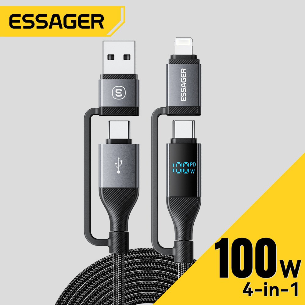 Essager 100W 4-in-1 Fast Charging Data Cable Type-C Micro Ip 480Mbps Transfer Sync & สายชาร์จ