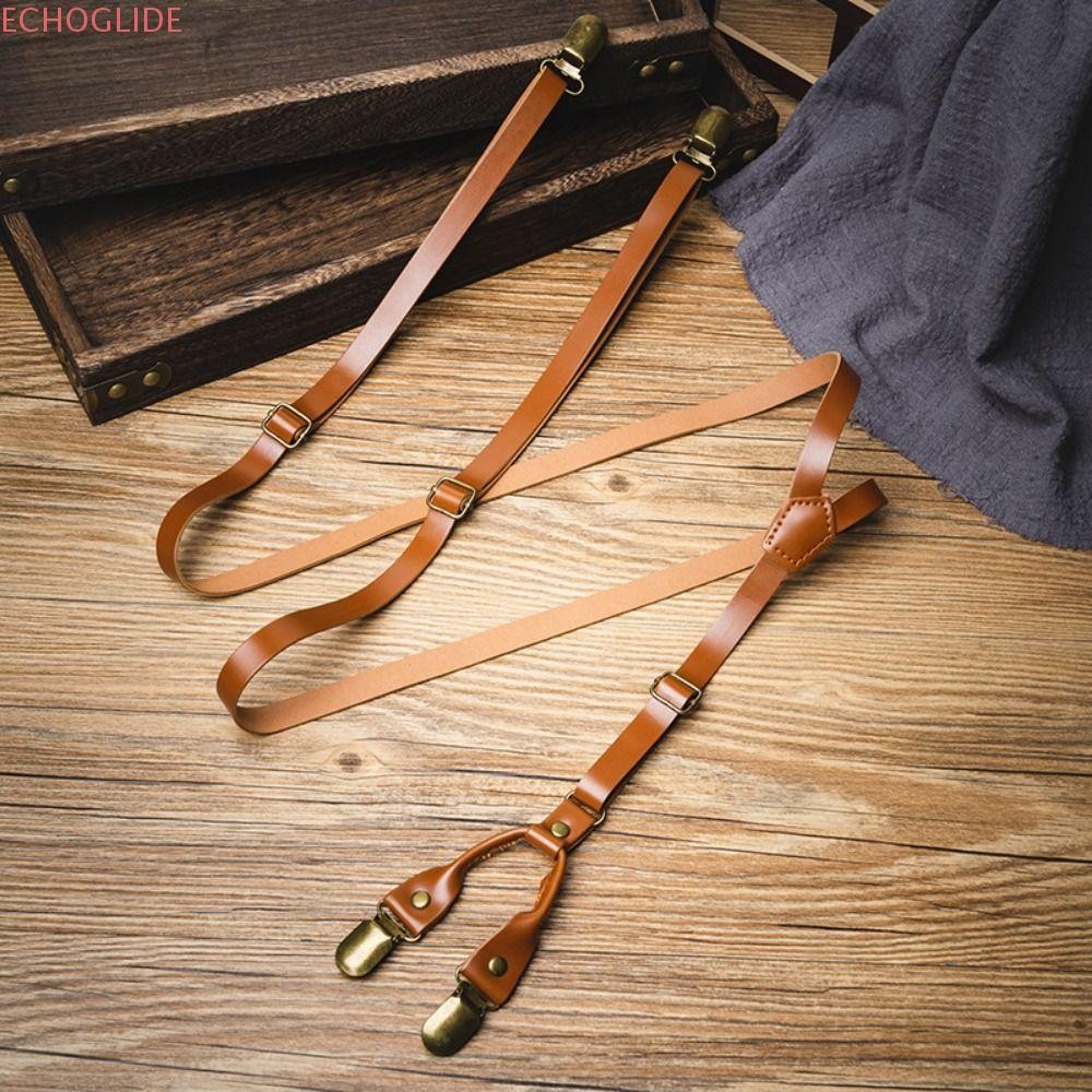 ECHOGLIDE Suspenders สําหรับผู้ชาย, 1.5 ซม.หนังสีดํา Suspenders, Simple Retro สไตล์อังกฤษชุดอุปกรณ์เสริม Suspender คลิปผู้ชาย