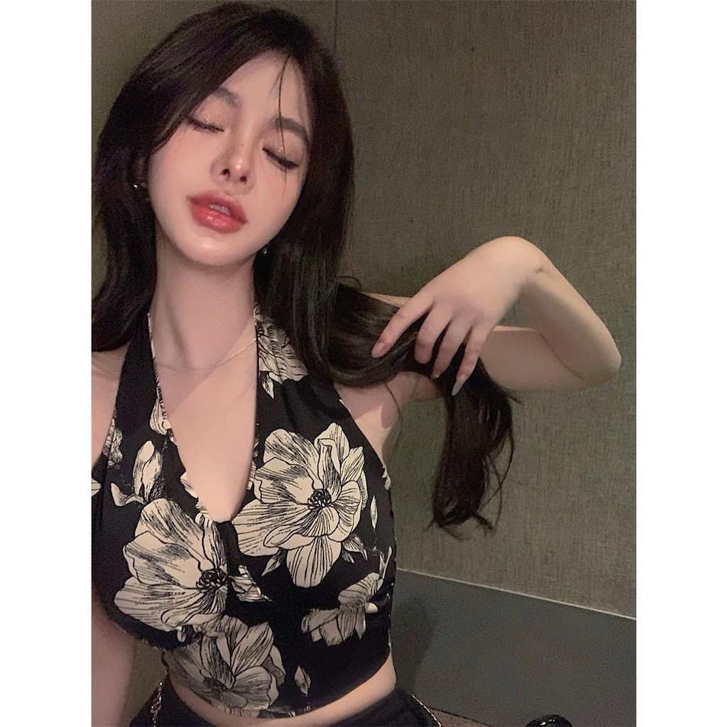 LunaBra คล้องคอ ลายใบไม้ ดอกไม้ สีขาว ดำ เสื้อบาง ใส่สบาย ระบายอากาศ อกไม่เกิน 34 นิ้วใส่ได้ สม็อคหลัง เสื้อผู้หญิง