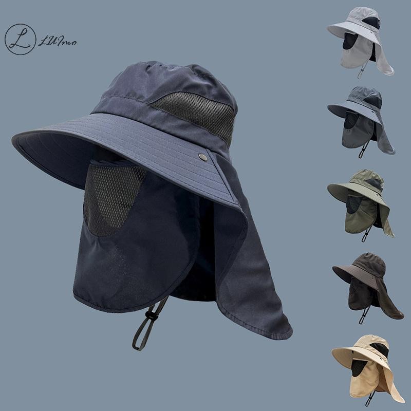LUImo Sun Protection Bucket Hat Neck Protector One-piece Fishing Hiking Hat Outdoor Breathable Bucket Hat Windproof Large-brimme ใหม่