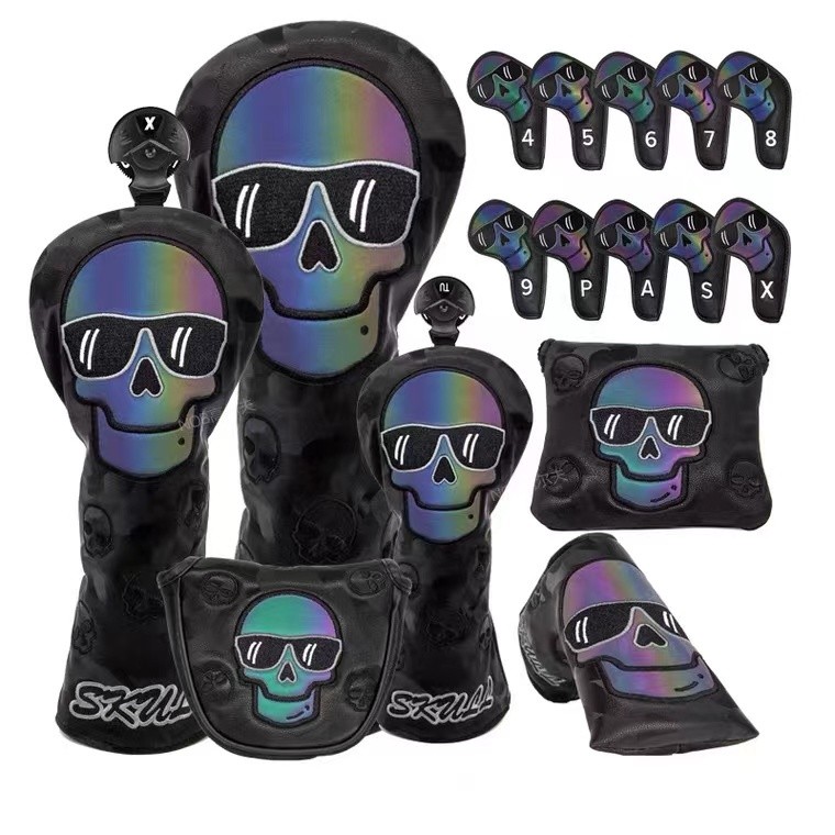 3 สีกอล์ฟ Headcover ชุด Skull Driver ครอบคลุม Fairway ฝาครอบไม้ Hybrid ฝาครอบพรีเมี่ยมหนังกอล์ฟไม้ครอบคลุม
