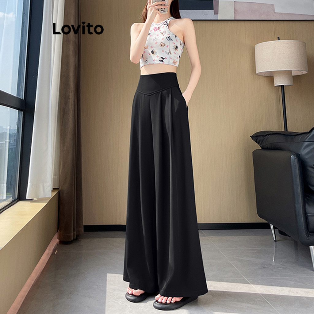 Lovito กางเกงขายาวผู้หญิง แต่งจีบ สีพื้น สไตล์ลำลอง LNM68068