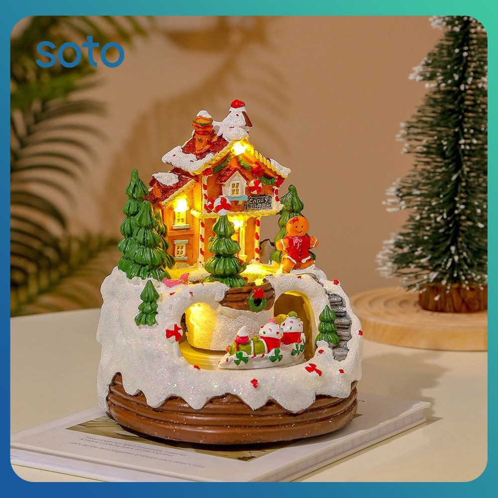♫ กล่องดนตรีไฟฟ้ารูปหมู่บ้านคริสต์มาส บ้านซานตาคลอสเรืองแสง บ้านหิมะคริสต์มาสขนาดเล็ก ของประดับตกแต่งของขวัญคริสต์มาส