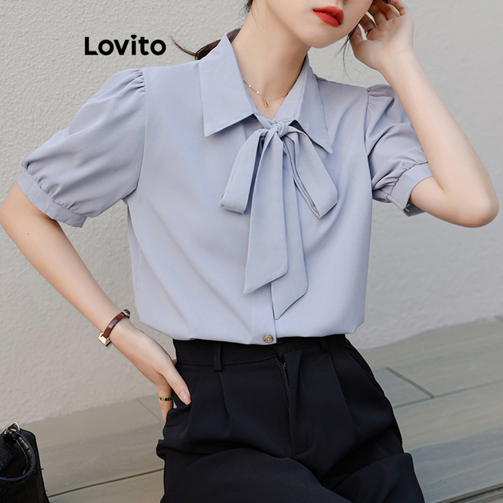 Lovito เสื้อเบลาส์ผู้หญิง ผูกคอ สีพื้น สไตล์หรูหรา LNE69167