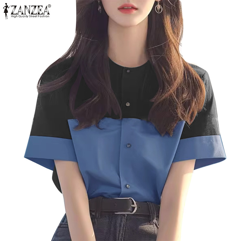 ZANZEA ใส่ ซานเซีย ผู้หญิงเกาหลีคอกลมแขนสั้นปุ่มบรรจุความคมชัดสีหลวมเสื้อรูปตัว ชม. หลวม