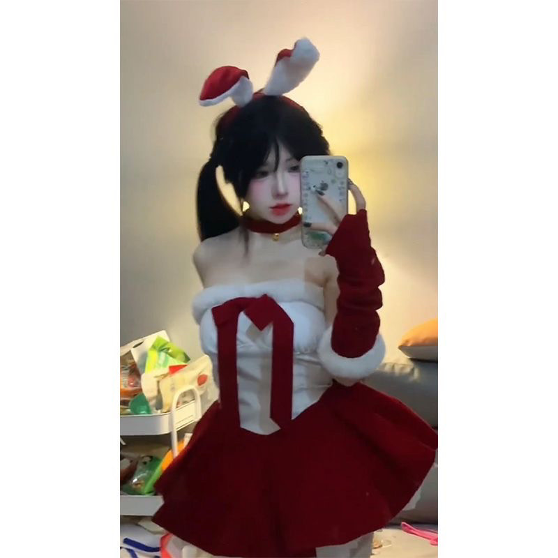 New Style Short Skirt Slim Fit Autumn and Winter Velvet Women Bow Christmas Rabbit Sexy Dress2024Sweet and Spicy Tube Top TMWY