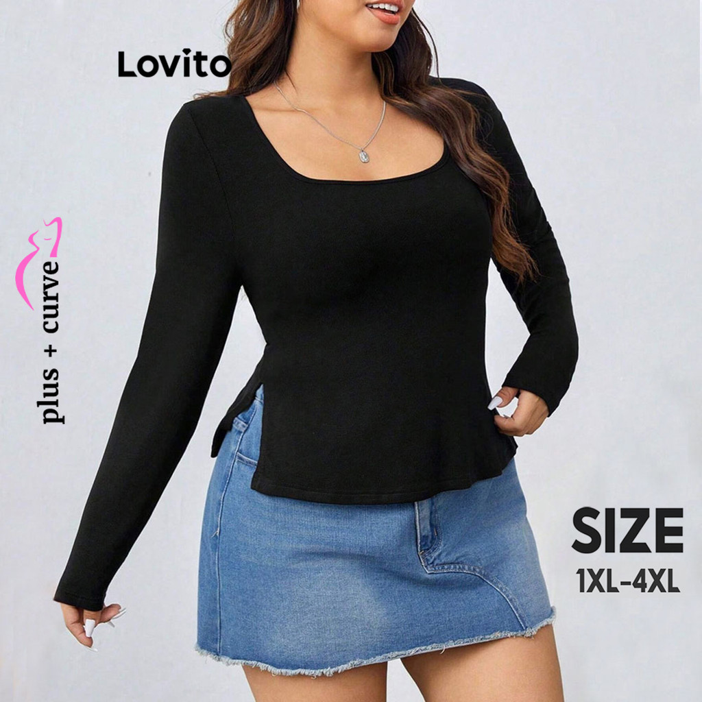 Lovito เสื้อยืดสาวอวบ เข้ารูป แต่งผ่าด้านข้าง สีพื้น สไตล์ลำลอง LNL64049