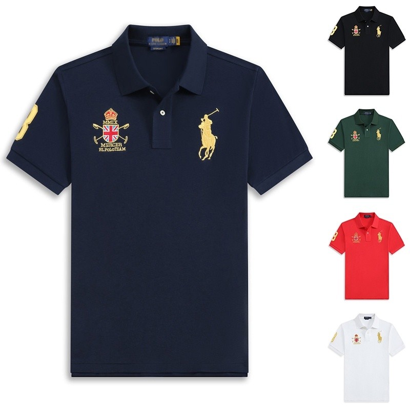 ผู้ชายเสื้อโปโลแขนสั้นปักลายเหรียญมาเลเซียสีทองเสื้อโปโลเสื้อโปโลคอปกสั้นแบบลำลองเสื้อโปโลตาข่ายเพิร์ธผ้าฝ้าย100%