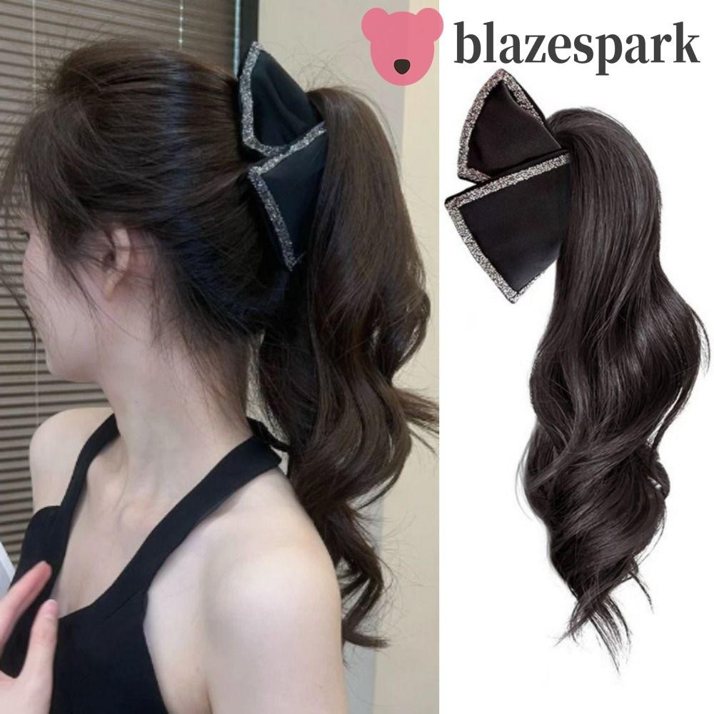 Blazespark วิกผมผมหางม้าโบว์สีดํา, Rhinestone สั้น Wavy Claw หางม้า, Vintage Hair Extension Curly Half-Tied Pony Tail Hairpiece Party