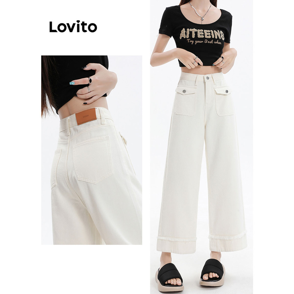 Lovito กางเกงยีนส์ผู้หญิง แต่งชายรุ่ย มีกระเป๋า สีพื้น สไตล์ลำลอง LNE68134