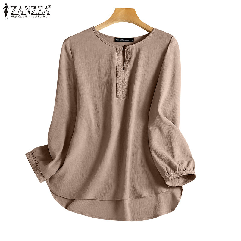 ZANZEA ใส่ ซานเซีย ผู้หญิงเกาหลีลําลองรอบคอลูกไม้แขนยาวพัฟแขนเสื้อหลวมท็อปส์