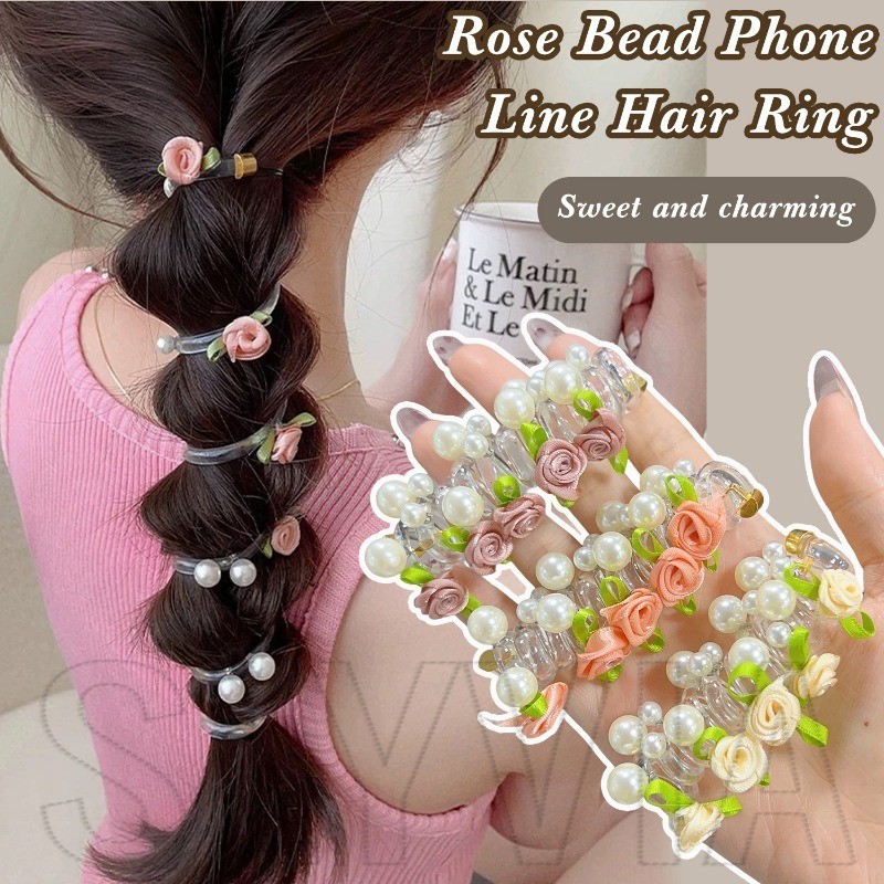 แหวนผมสายโทรศัพท์ลูกปัดมุก - ที่ใส่ผมหางม้า - แฟชั่น หรูหรา หวาน - เครื่องประดับผมสาว - ยางรัดผมถักเปียฟองกุหลาบ - ยางรัดเกลียวยืด