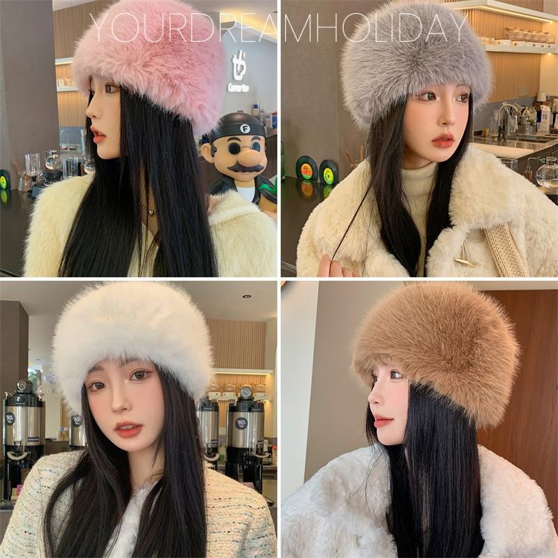 ฤดูหนาวหนา Warm Furry Beanies หมวกผู้หญิงแฟชั่นเลียนแบบขนสัตว์รัสเซียหมวกสีทึบ Plush Brimless หมวกสกีหมวก