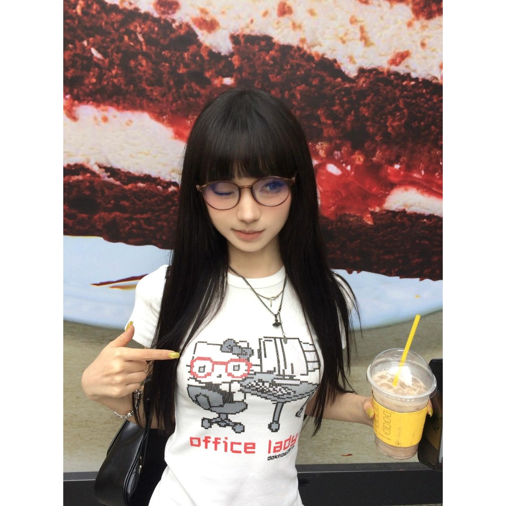 (จัดส่งตลอด 24 ชั่วโมง）OOOK Official เสื้อยืดผ้าฝ้ายสั้นแขน สีขาวแบบรีโทร อเมริกัน พิมพ์รูป pixel kitty T18