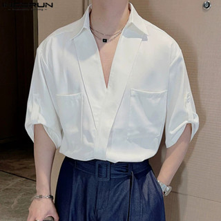 ไม่แน่นอน ผู้ชายเกาหลีลําลองสีทึบหลวมกระเป๋าครึ่งแขนเสื้อ