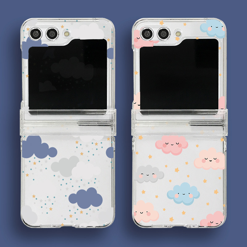 การ์ตูนน่ารัก Clouds Clear PC Hard Casing Samsung Galaxy Z Flip 5 6 5G Flip Phone Case Z Flip 3 4 บานพับโปร่งใส Anti-fall Protective shell Cover
