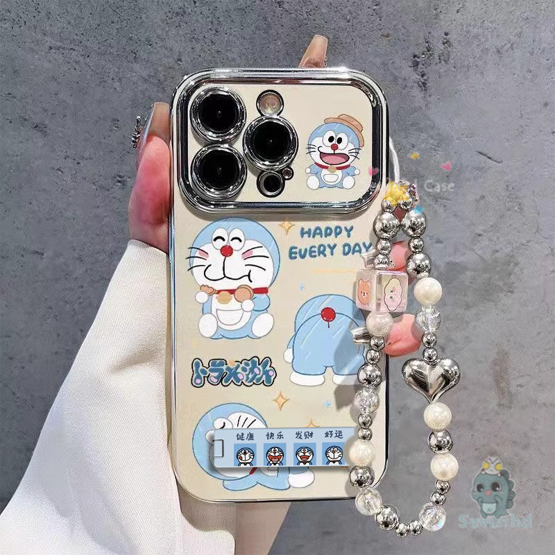 สําหรับiphone 11 16 15 14 13 12 Pro Xr X Xs Max 7 8 6 6s Plusน่ารักDoraemonสนุกActionเคสโทรศัพท์ + โซ่ + ผู้ถือชุบหรูหราคมชัดหน้าต่างกันกระแทกปกหลังป้องกัน