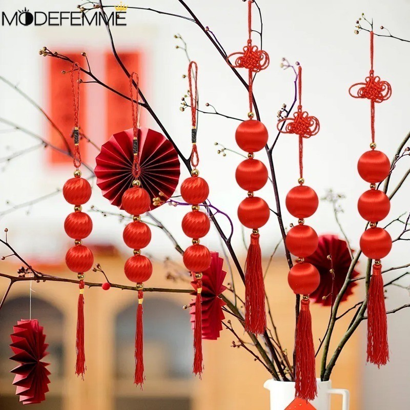 [ ที่โดดเด่น ] โคมไฟปีใหม่แขวน - จี้ลูกด้ายไหม - อุปกรณ์ตกแต่งบอนไซ DIY - เชือกบอลโคมไฟสีแดง - เครื่องประดับแต่งงานเทศกาลฤดูใบไม้ผลิจีน