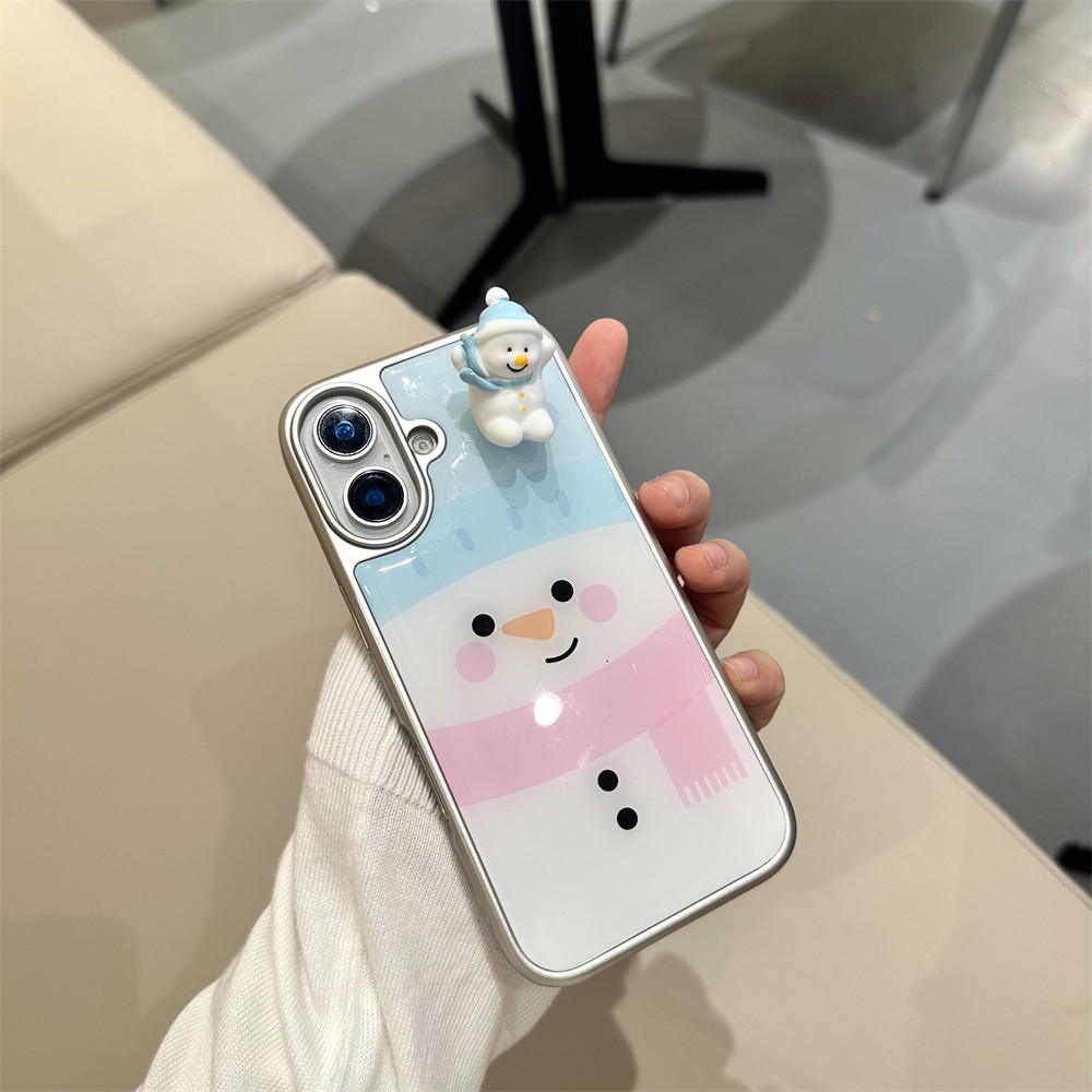ของขวัญคริสต์มาส 16 Pro Max 3D น่ารักการ์ตูนตุ๊กตาหิมะคริสต์มาสสไตล์อีพ็อกซี่เคสโทรศัพท์สําหรับ 15 14 13 16 Pro Max Electroplated กรอบกันกระแทก