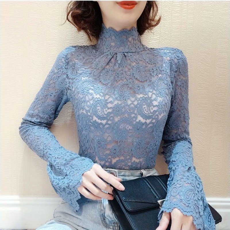 แขนทรัมเป็ตลูกไม้ จุดต่ําสุด เสื้อผู้หญิงคอสูงตาข่ายผ้ากอซสวมใส่ภายในการออกแบบแน่นด้านบนสําหรับผู้หญิง