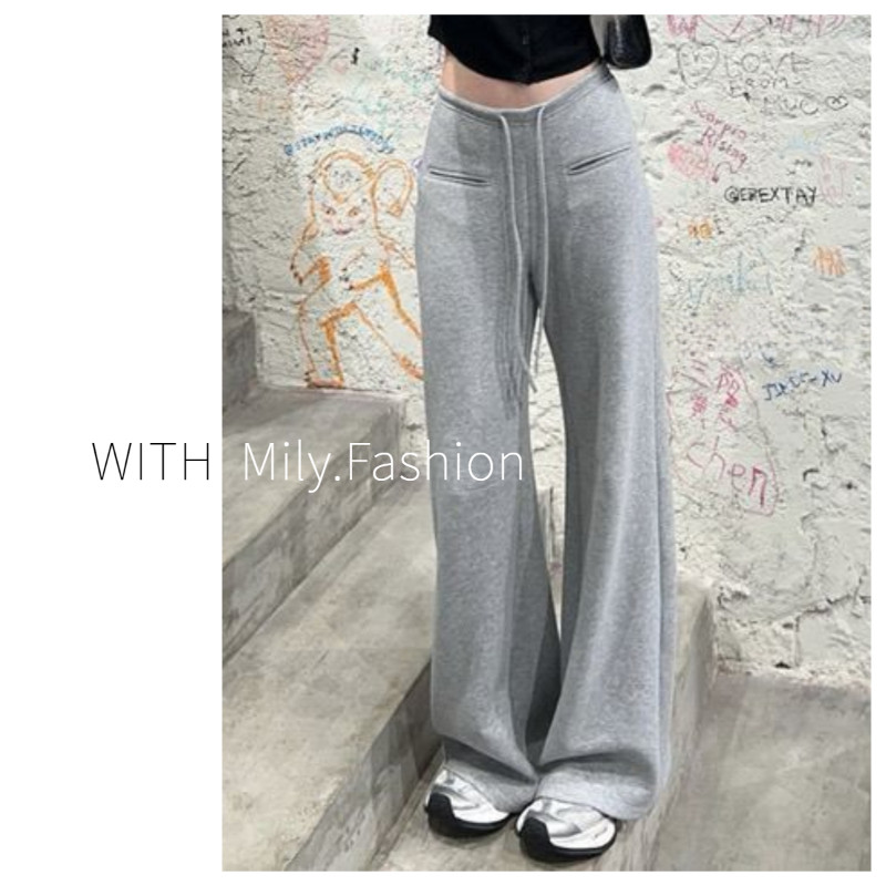 Milyfashion กางเกงเกือกม้าสาวร้อนออกแบบความรู้สึกเชือกรูดกางเกงลำลองกางเกงขาบานไมโครผู้หญิงฤดูใบไม้ผลิฤดูใบไม้ร่วงและฤดูหนาวกางเกงเอวยางยืดกางเกงสีเทา