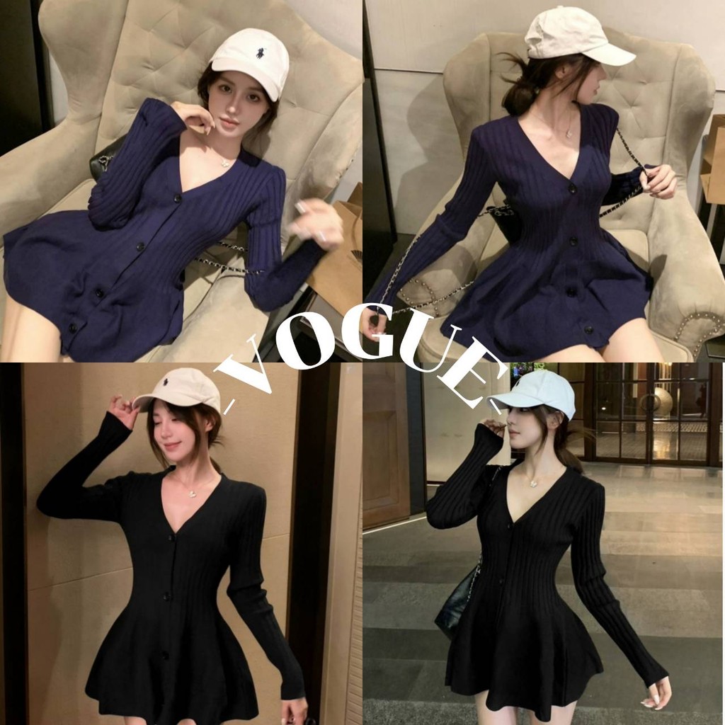 Vogue พร้อมส่ง ชุดมินิเดรสไหมพรม แขนยาว คอสี ทรงรักรูปสีพื้น (J186)