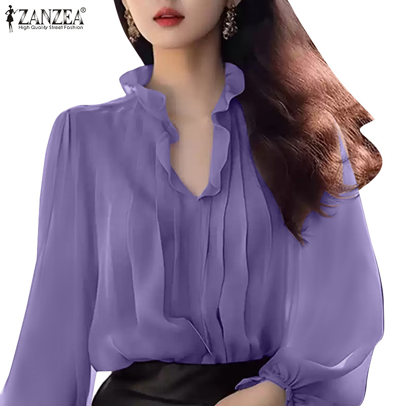 Zanzea ผู้หญิงเกาหลี Elegant V คอ Patchwork หลวมแขนยาว Ruffles จีบเสื้อ
