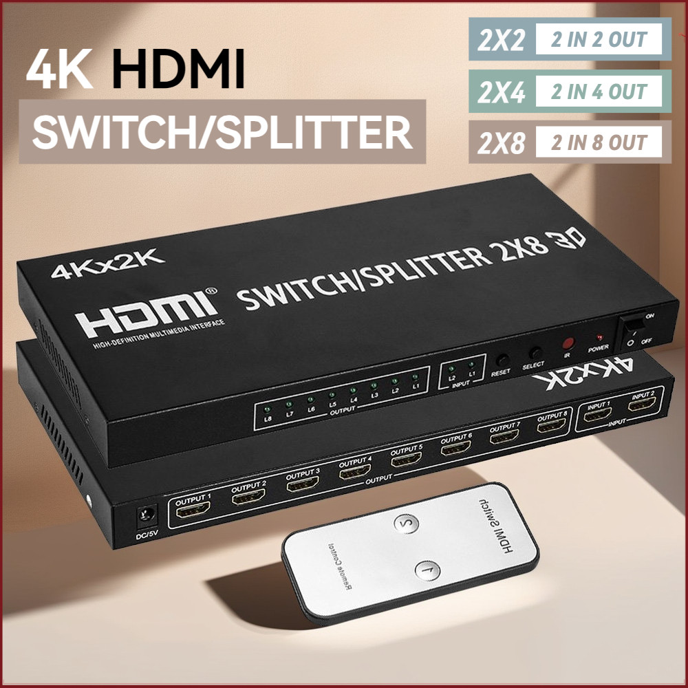 4k HDMI Switcher Splitter 2 In 8 out HDMI Switcher สําหรับ PS4 กล้อง DVD แล็ปท็อป PC To Multi TV Monitor