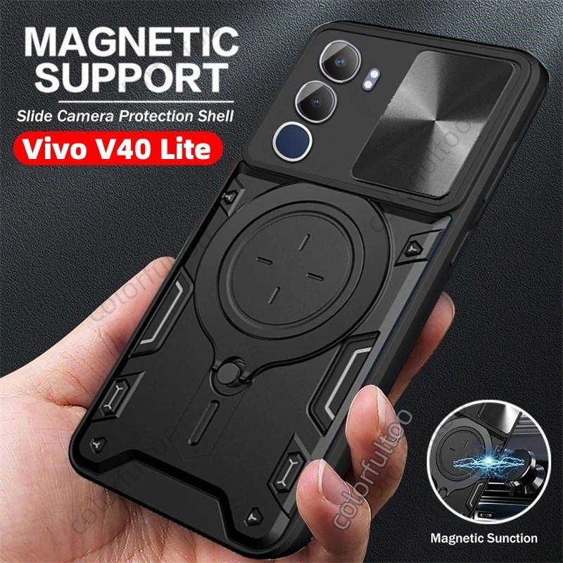 Vivo V50 V40 Lite 5G เคสกันกระแทก กันตก Hard PC พร้อมขาตั้ง สไลด์กล้องป้องกัน สําหรับ V50 Lite 4G 5G