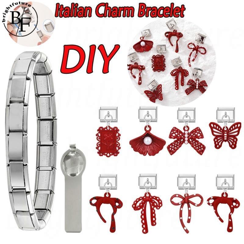 สีแดงใบแปะก๊วยจี้อิตาเลี่ยน Charm สร้อยข้อมือ Fit 9 มม.สร้อยข้อมือสแตนเลส DIY เครื่องประดับทําอุปกรณ์เสริม Retro บุคลิกภาพโมดูลสร้อยข้อมืออุปกรณ์เสริม